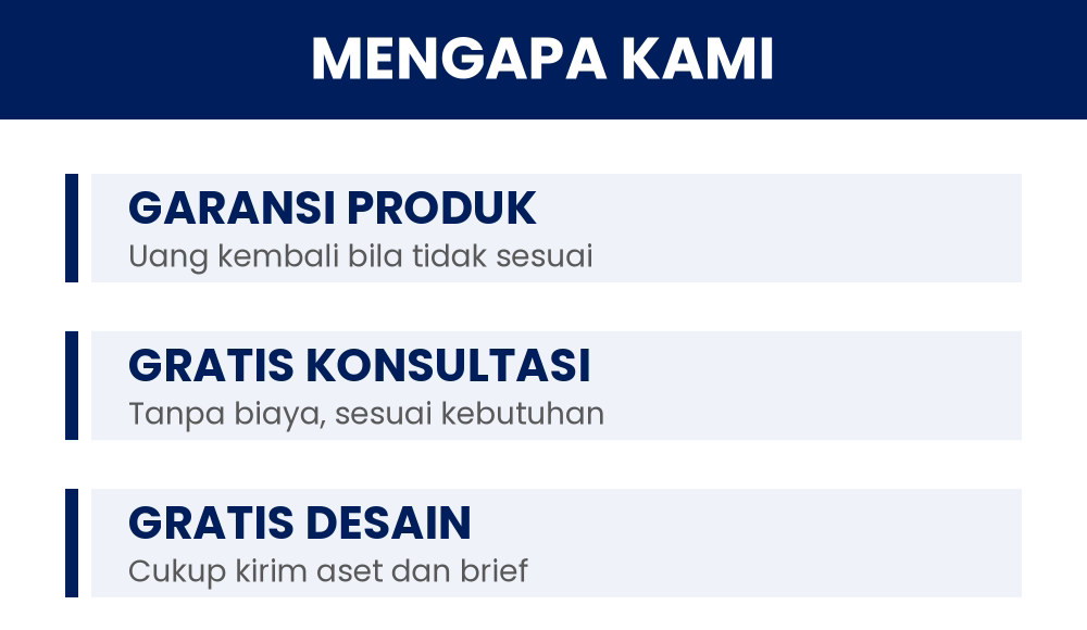 Tiga keunggulan Engineer Factory: garansi produk dengan uang kembali bila barang tidak sesuai, gratis konsultasi kebutuhan seragam kerja, dan gratis pembuatan desain produk.