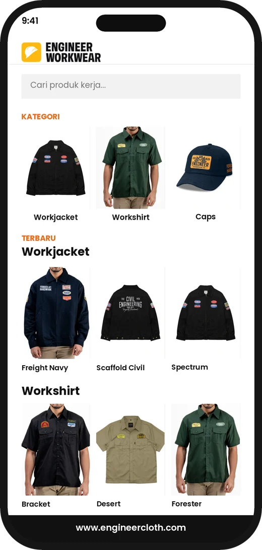 Tampilan situs www.engineercloth.com di ponsel: kategori workjacket, workshirt, dan caps beserta harganya