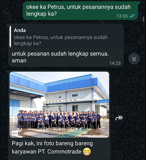 Tangkapan layar percakapan WhatsApp dengan Petrus dari PT. COMMOTRADE